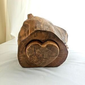 Large Vintage Handcrafted Wood Puzzle Heart Jewelry Box Folk Art Rustic Carved